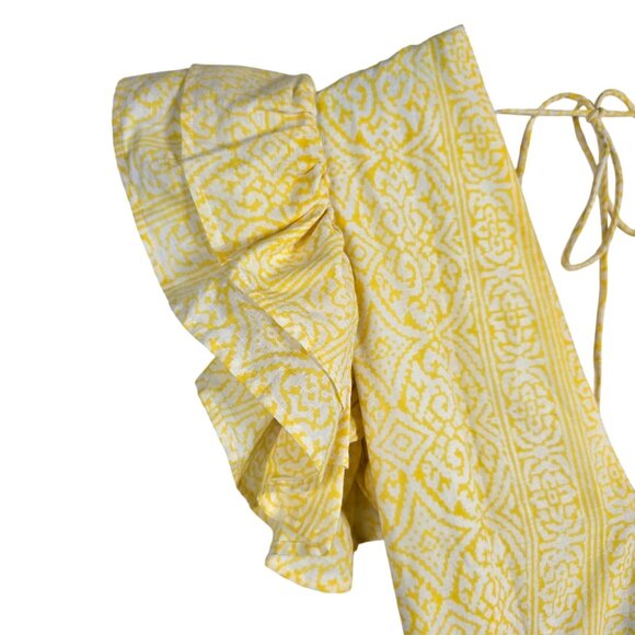 Monsoon and Beyond Handmade Chloe Yellow Ruffle Sleeve Deep V Midi Dress Sz M - Picture 6 of 12